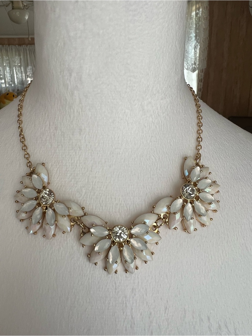 Gold-Tone White Crystal Floral Statement Necklace